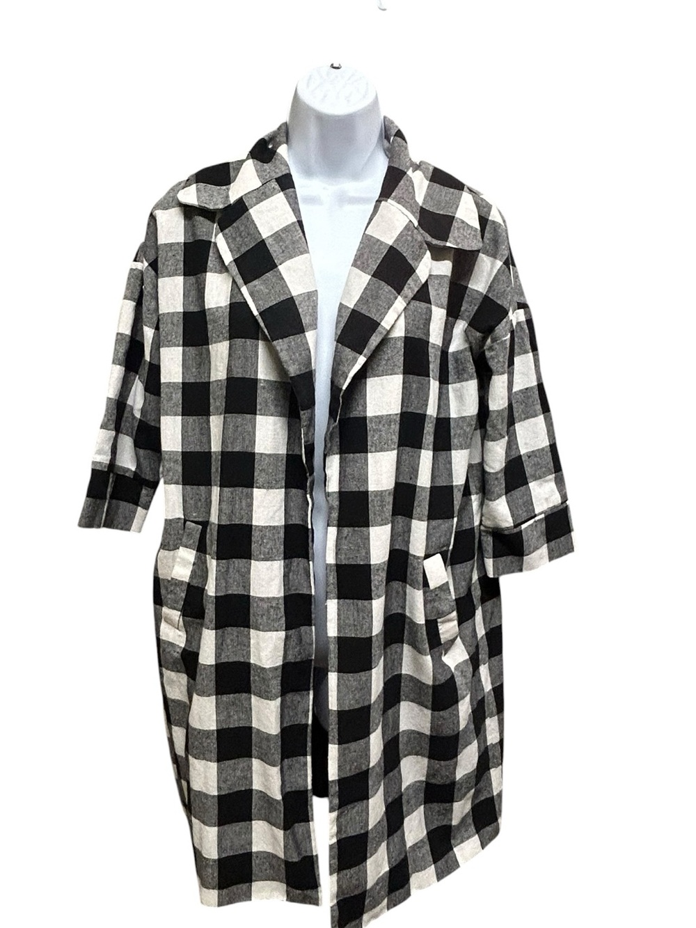 Pink Martini Black White Check Open Front Long Line Cotton/Linen Cardigan Size S